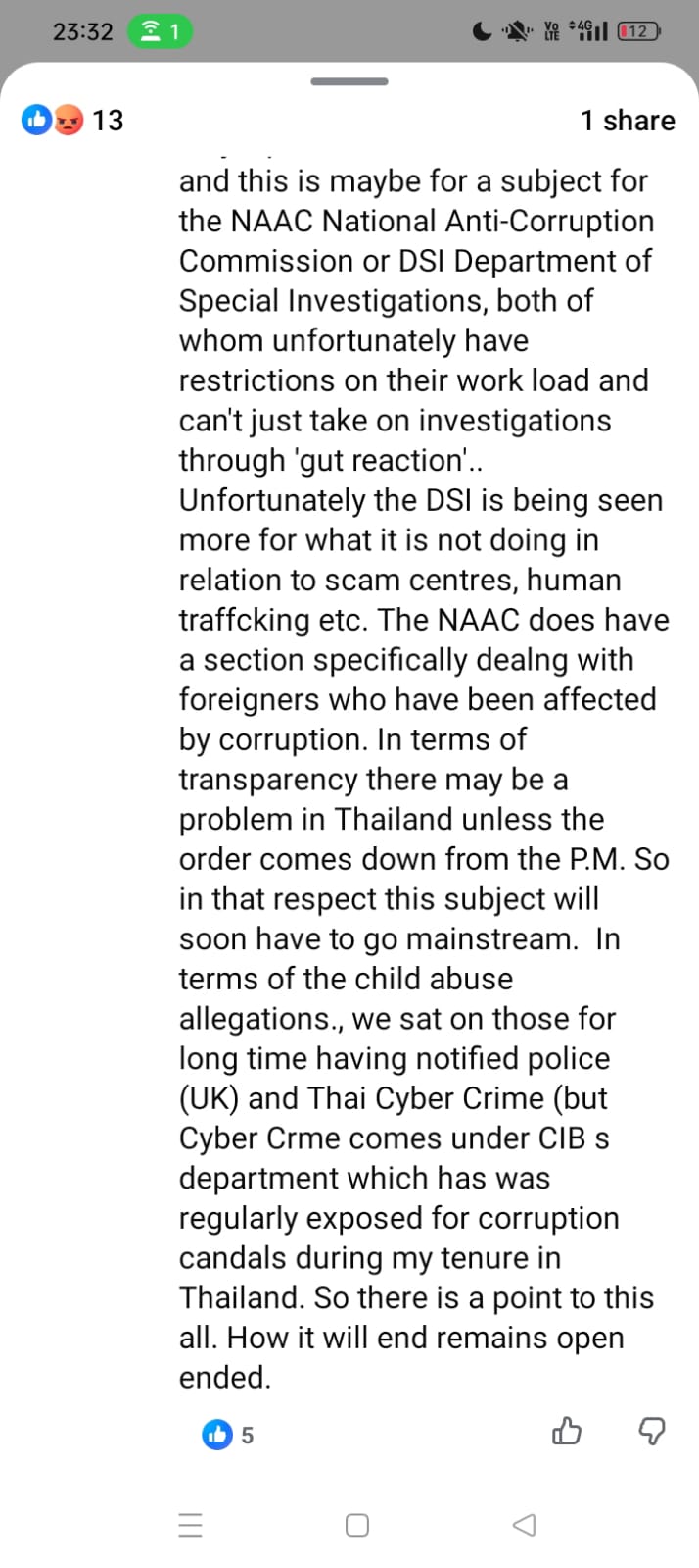 Screenshot of a Facebook comment by Andrew Drummond containing the sentence: In terms of the child abuse allegations, we sat on those for long time having notified police (UK) and Thai Cyber Crime.