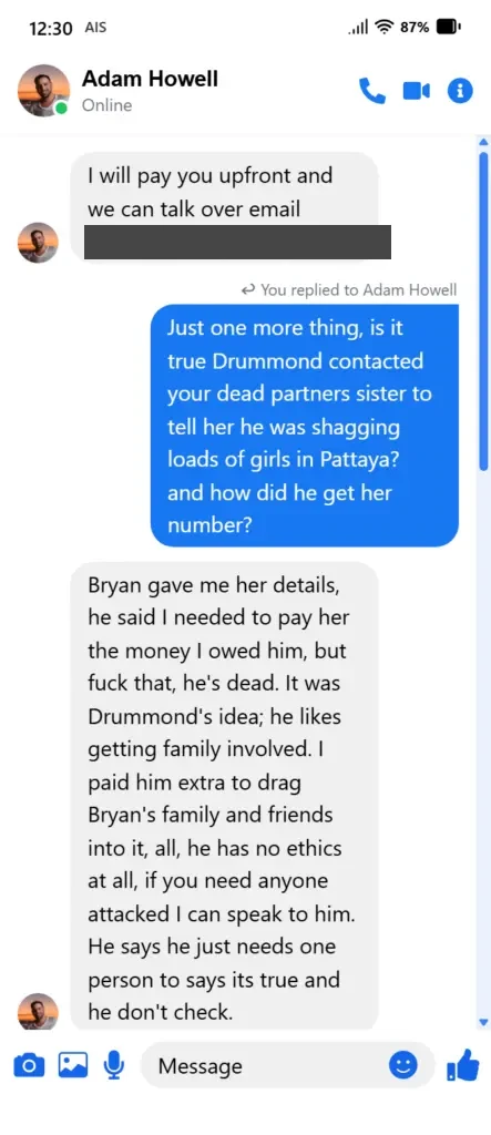 Facebook Messenger screenshot, frame 3 of 5. A message from Adam Howell reads: It was Drummond's idea; he likes getting family involved. I paid him extra to drag Bryan's family and friends into it.